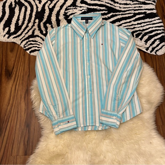 Tommy Hilfiger Button Down Striped Shirt Size  Medium Blue and White - Picture 3 of 8